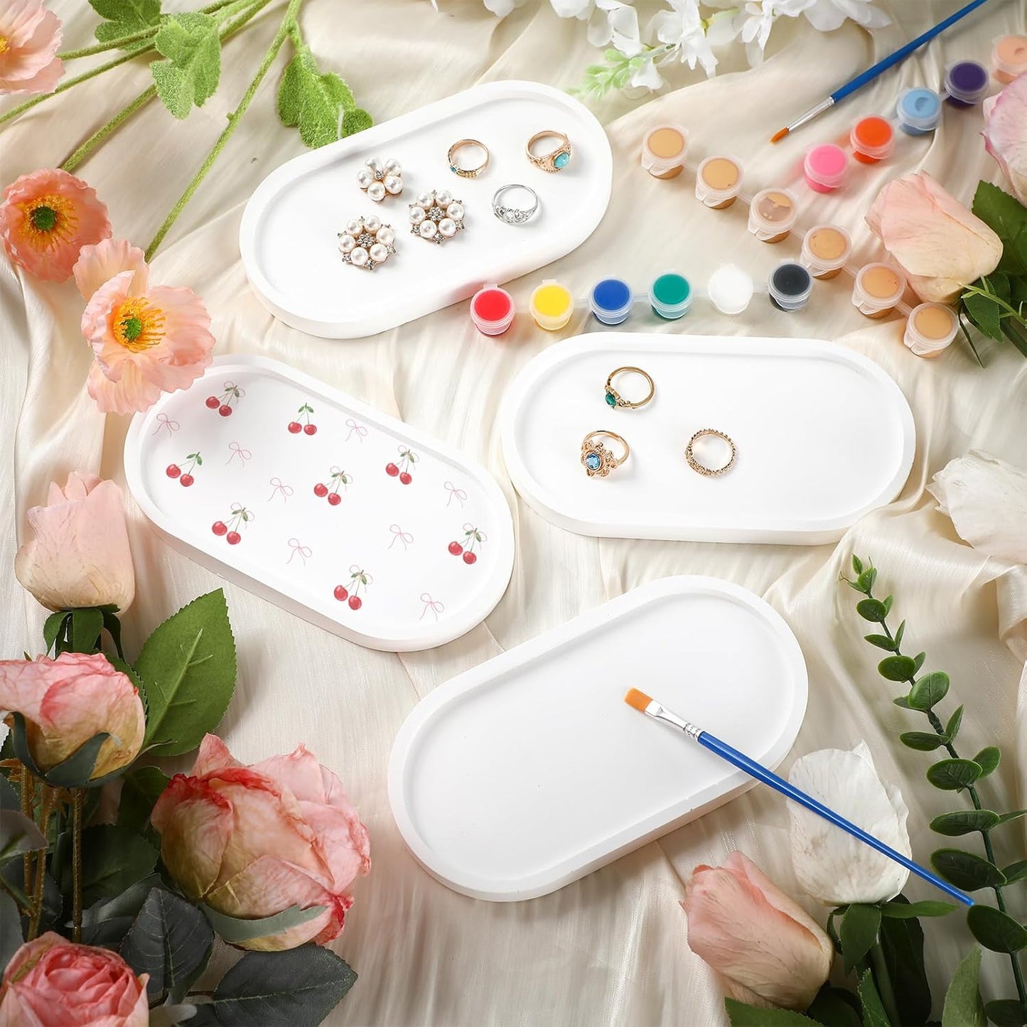 MotiMind 4 Set Jewelry Tray Ceramics to Paint Ready to Paint Your Own Ceramic Ring Dish Holder DIY Unpainted Plaster Trinket Dish Paintable Tray Crafts with Brush Palette for Adults(Oval Shape)