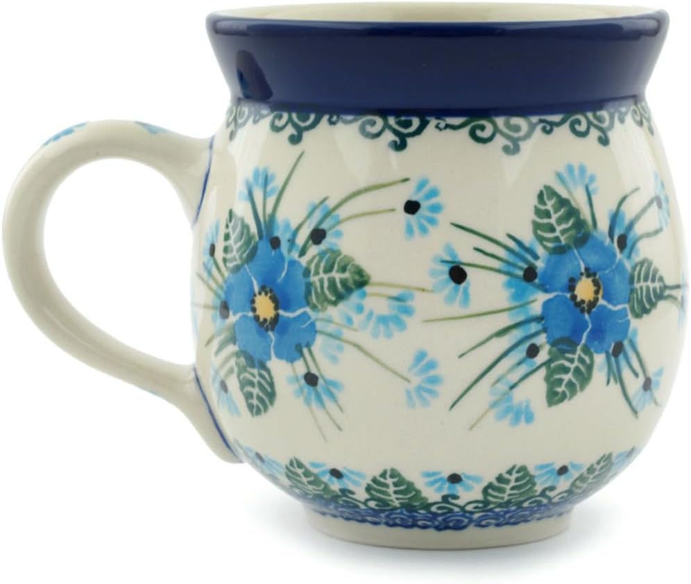 Authentic Polish Pottery Bubble Mug 12 oz Signature UNIKAT in Forget Me Not Design Handmade in Bolesławiec Poland by Ceramika Artystyczna + Certificate of Authenticity