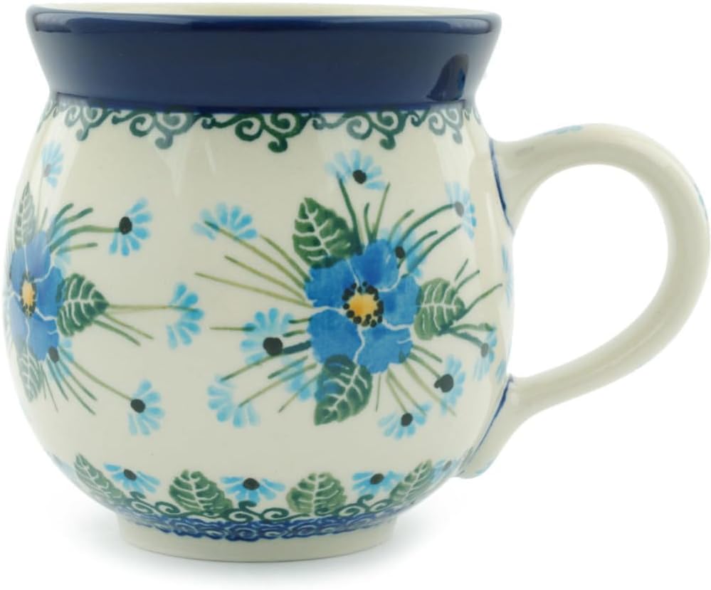 Authentic Polish Pottery Bubble Mug 12 oz Signature UNIKAT in Forget Me Not Design Handmade in Bolesławiec Poland by Ceramika Artystyczna + Certificate of Authenticity
