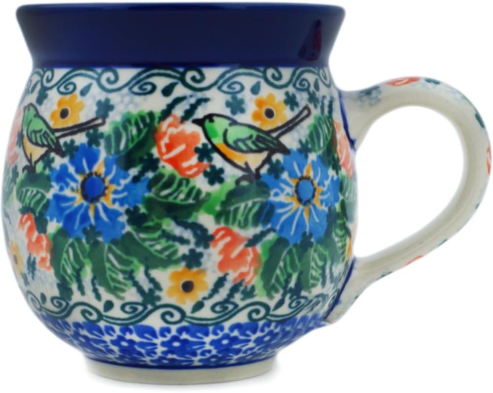 Authentic Polish Pottery Bubble Mug 12 oz Signature UNIKAT in Forget Me Not Design Handmade in Bolesławiec Poland by Ceramika Artystyczna + Certificate of Authenticity