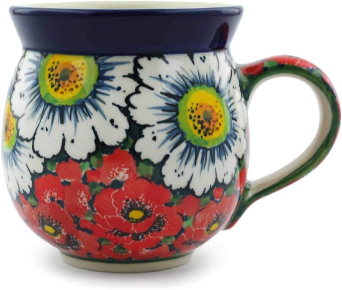 Authentic Polish Pottery Bubble Mug 12 oz Signature UNIKAT in Forget Me Not Design Handmade in Bolesławiec Poland by Ceramika Artystyczna + Certificate of Authenticity